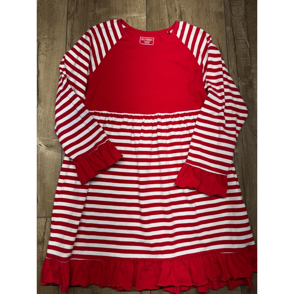 Southern Tots Girls Red White Striped Long Sleeve Ruffle Dress‎ sz 12
